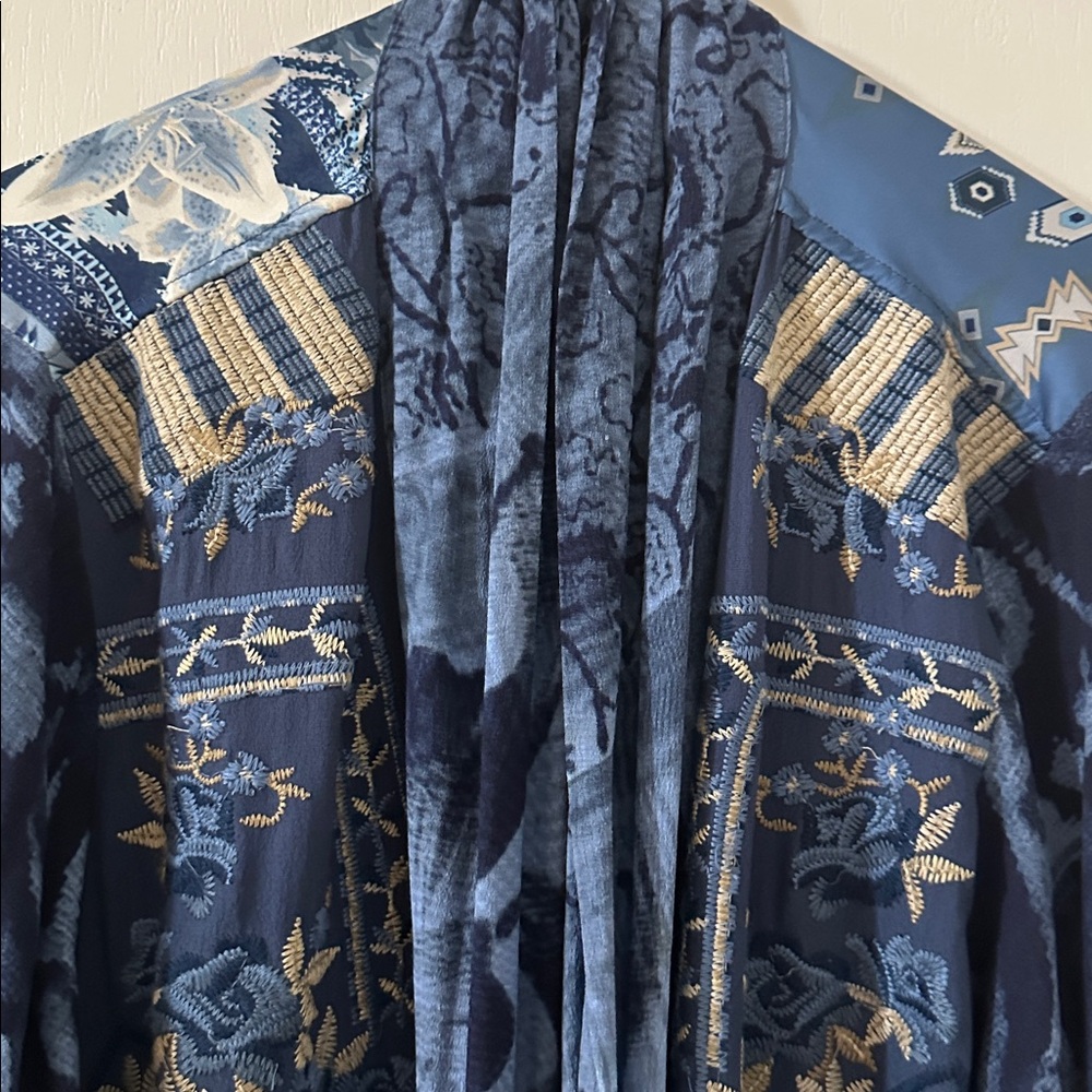 John Mark Blue Boho Kimono Duster Cardigan Patchwork Embroidered Longline 1X - Picture 5 of 11